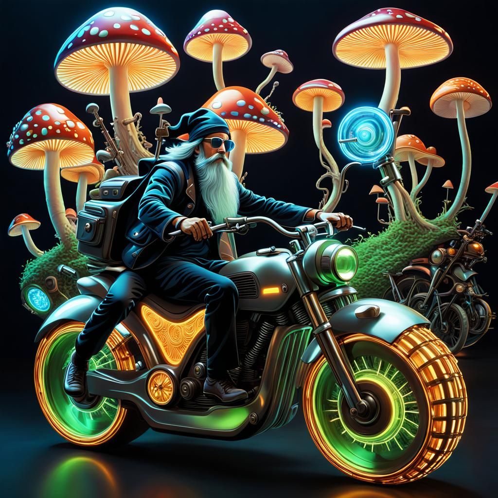 Psychedelic Wizard Rides Motorcycle in Mushroom Network