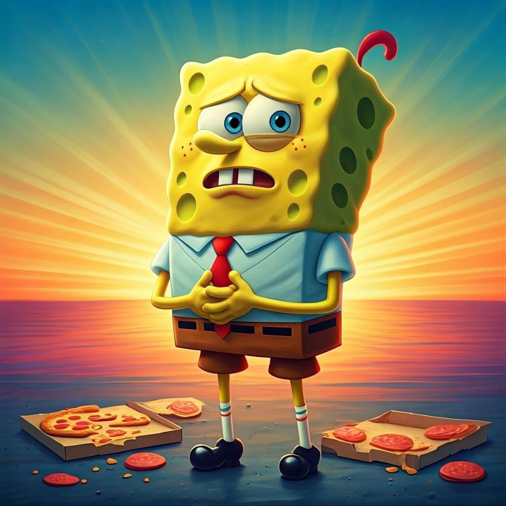 SpongeBob's Pizza Overload: A Pixar-Style 3D Rendering