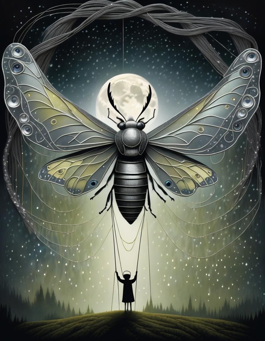 Silvery Lunar Moth Constricted: Surreal Concept Art