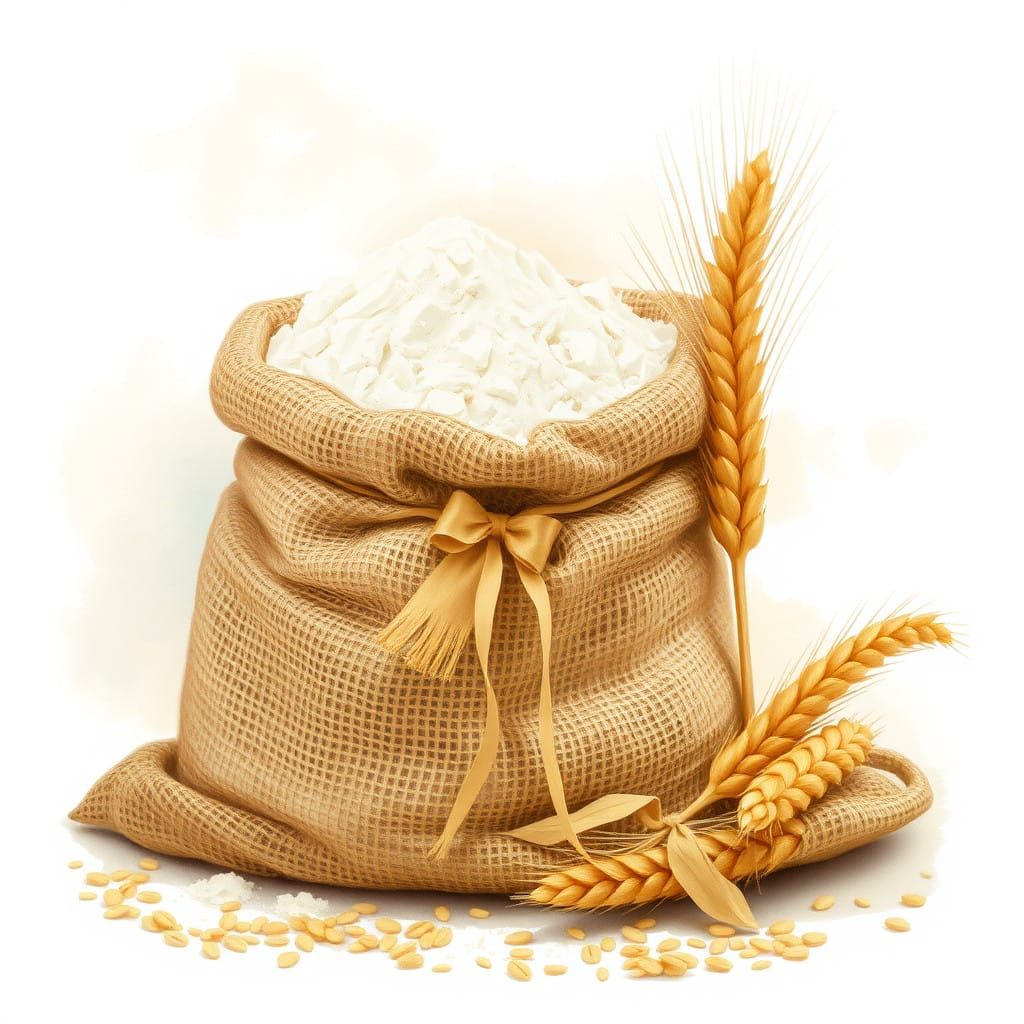 Rustic Flour Sack and Wheat Ears in Whimsical Landscape