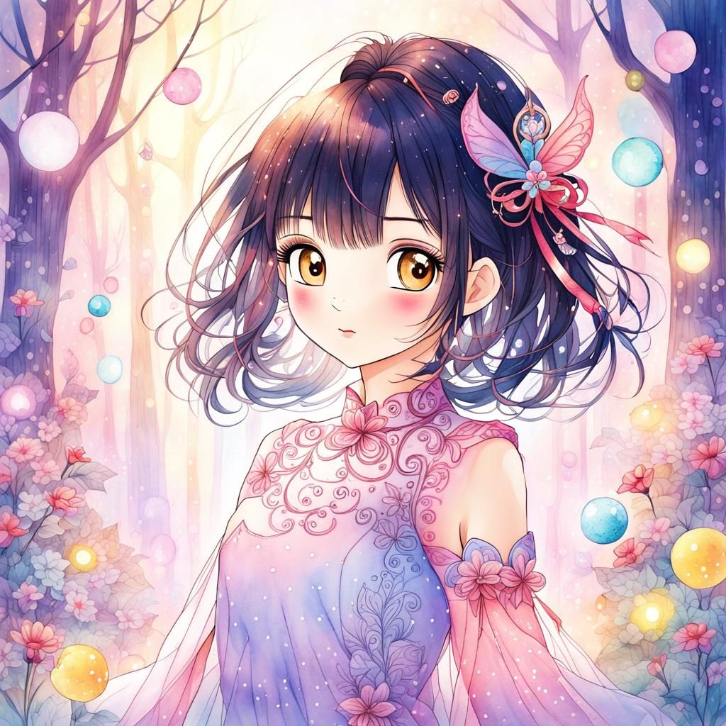 Kawaii Anime Tiefling in Fantasy Forest