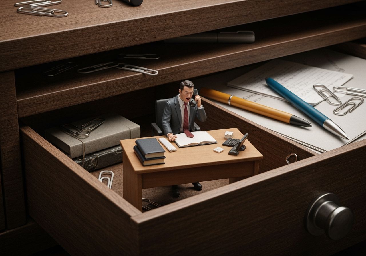 Tiny Manager in Desk Drawer, Macro Photography Style