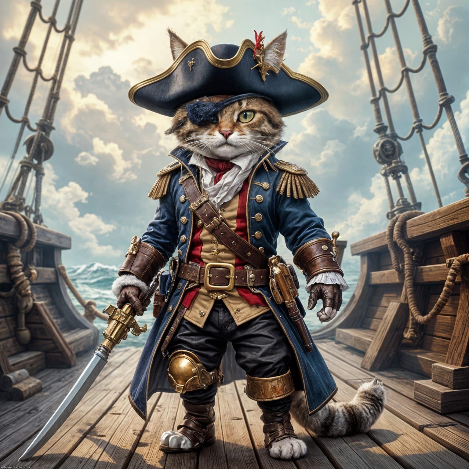 Detailed Corsair Cat on Ship Deck in Fantasy Style