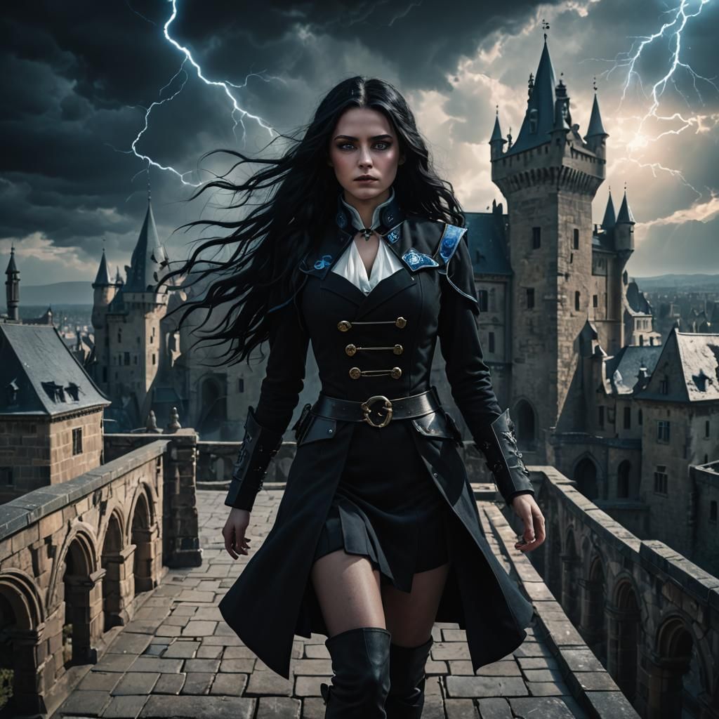 Gothic Woman Emitting Magic on Castle Roof