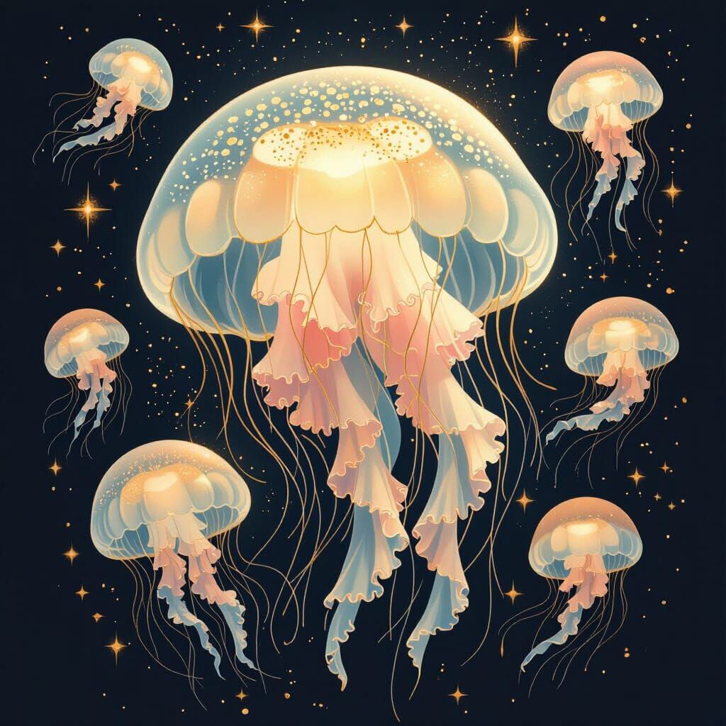Ethereal Jellyfish in Pastel Hues with Golden Accents
