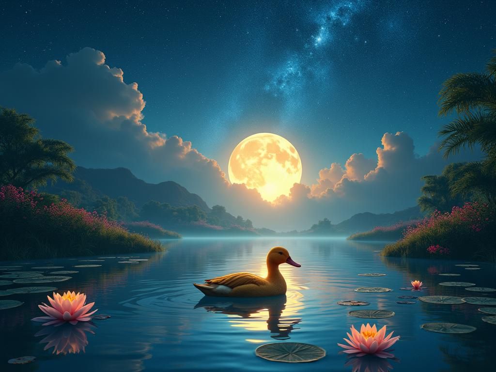 Majestic Golden Duck Under Starry Night Sky