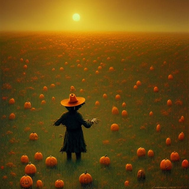 Scarecrow in Field of Dying Flowers in Beksiński Style