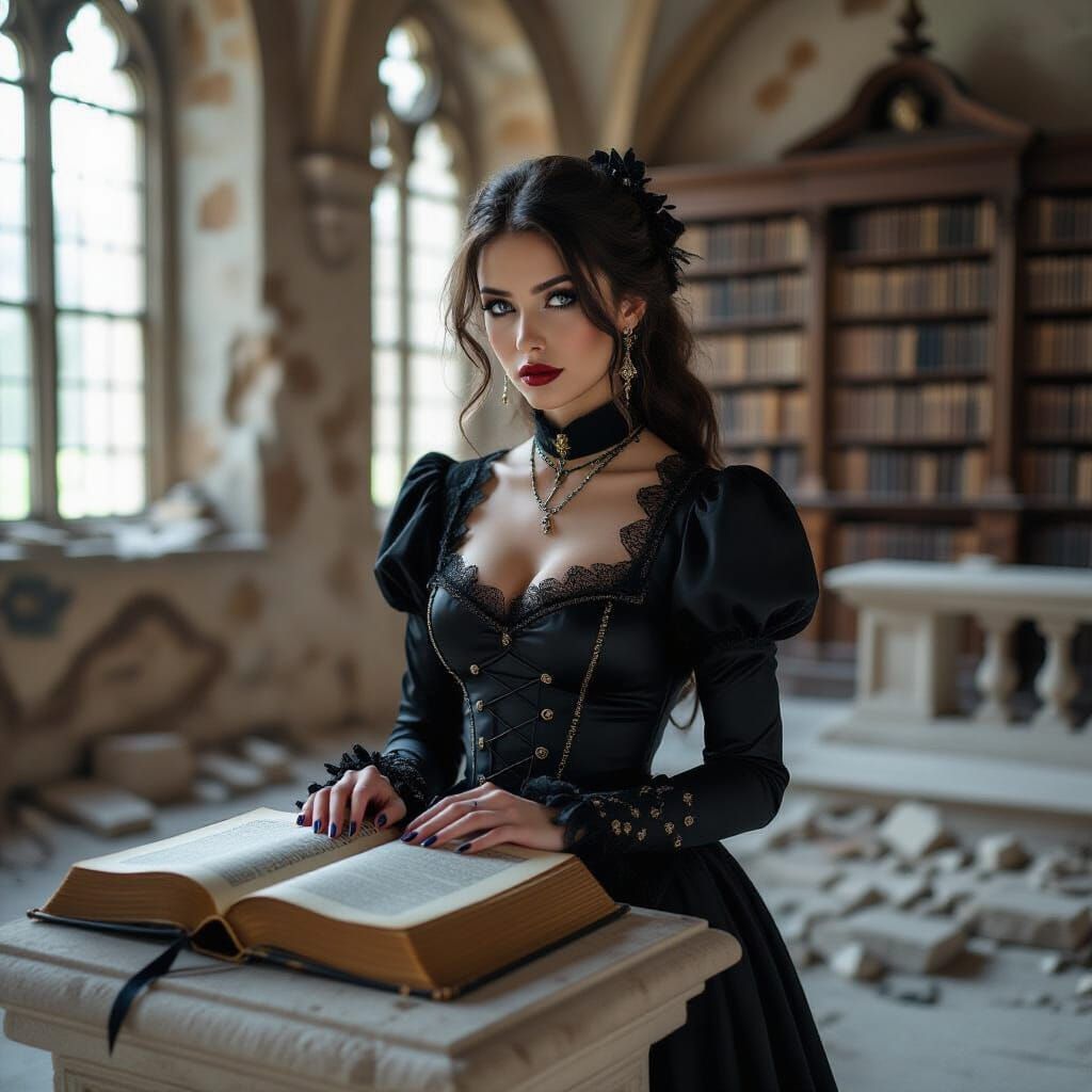 Gothic Woman Finds Grimoire in Ruined Library