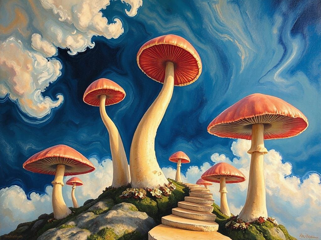 Dreamlike Staircase of Shifting Mushrooms in Abstract Fusion...