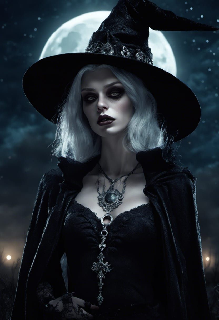 Gothic Witch Portrait in Cemetery Under Moonlight
