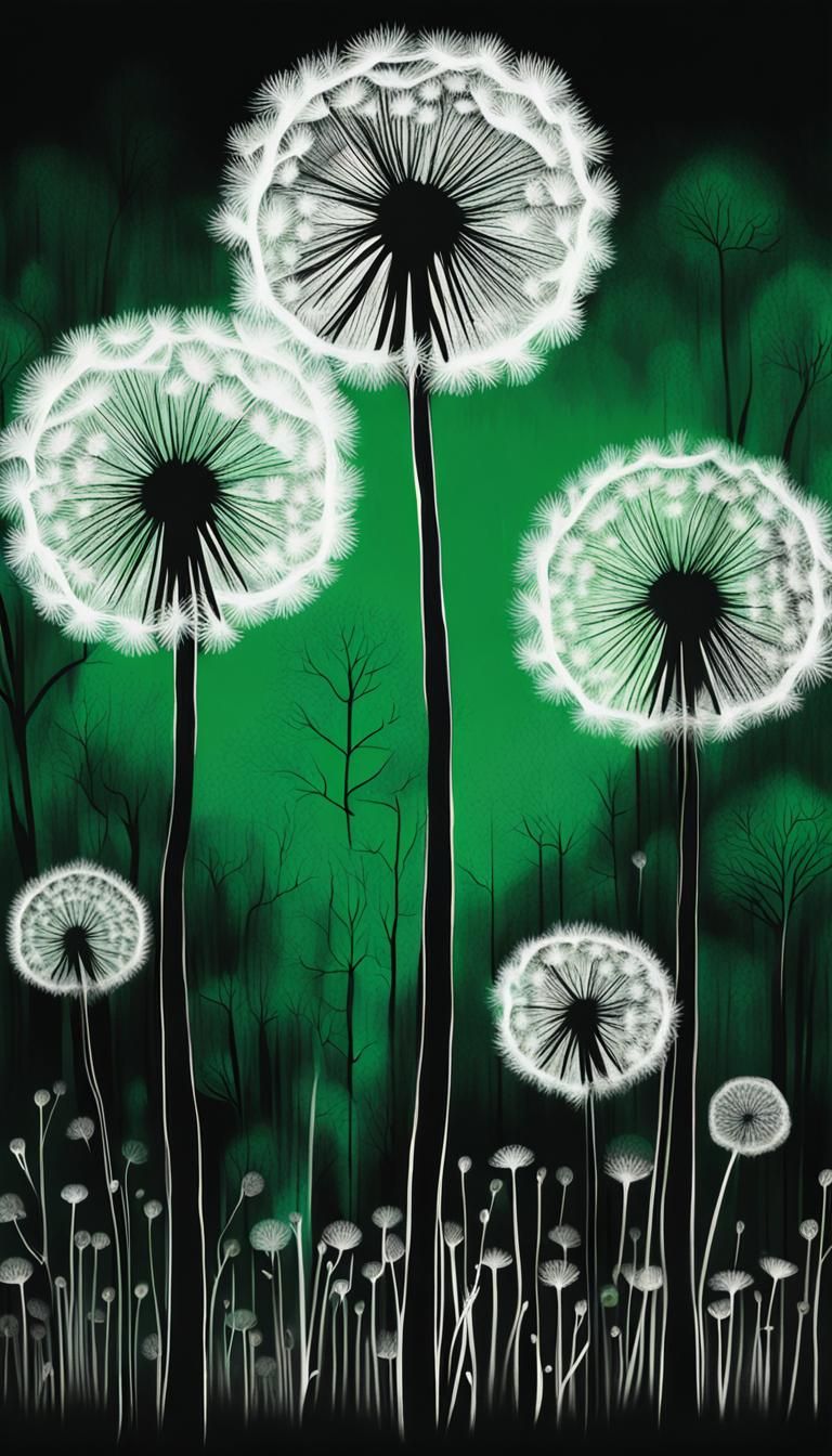Surreal Dandelion Trees in Childlike Crayon Style