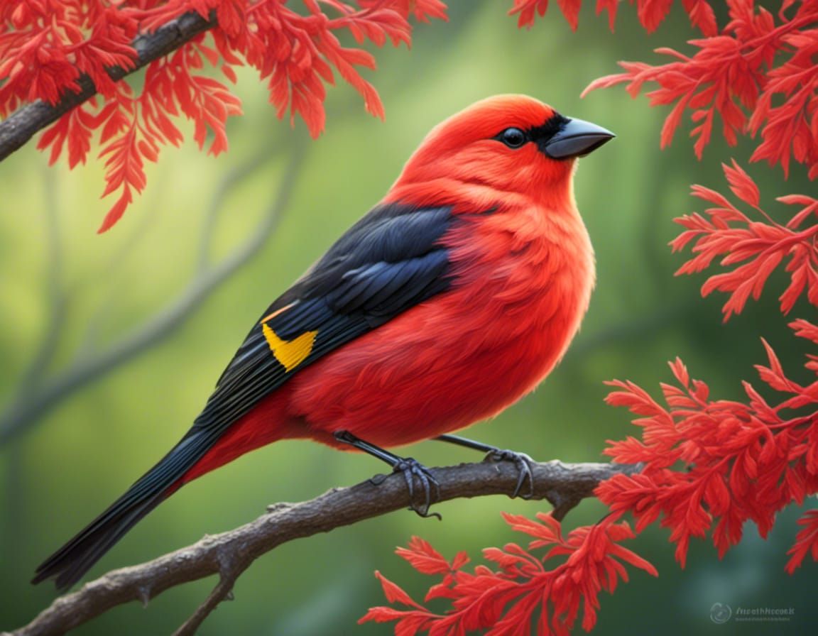 <lora:realistic animals:1.0> Scarlet Tanager bird, nature, r...
