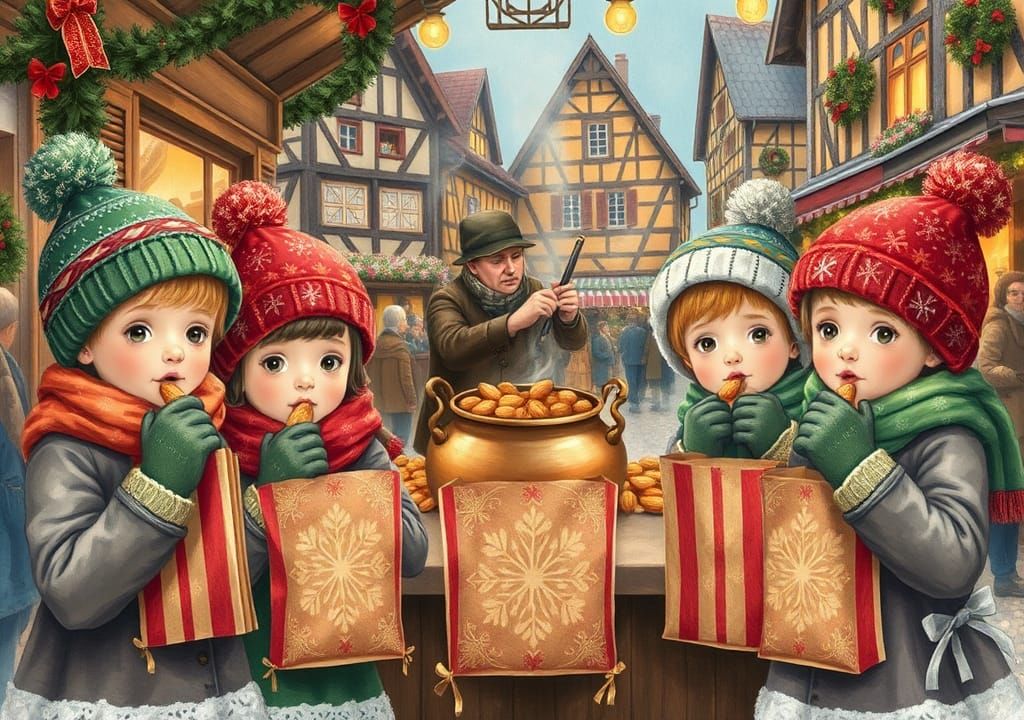 Children Enjoying Roasted Almonds at Christmas Market