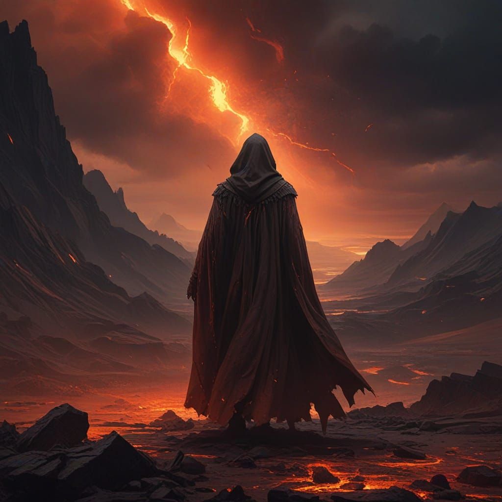 Dark Fantasy Figure in Volcanic Wasteland