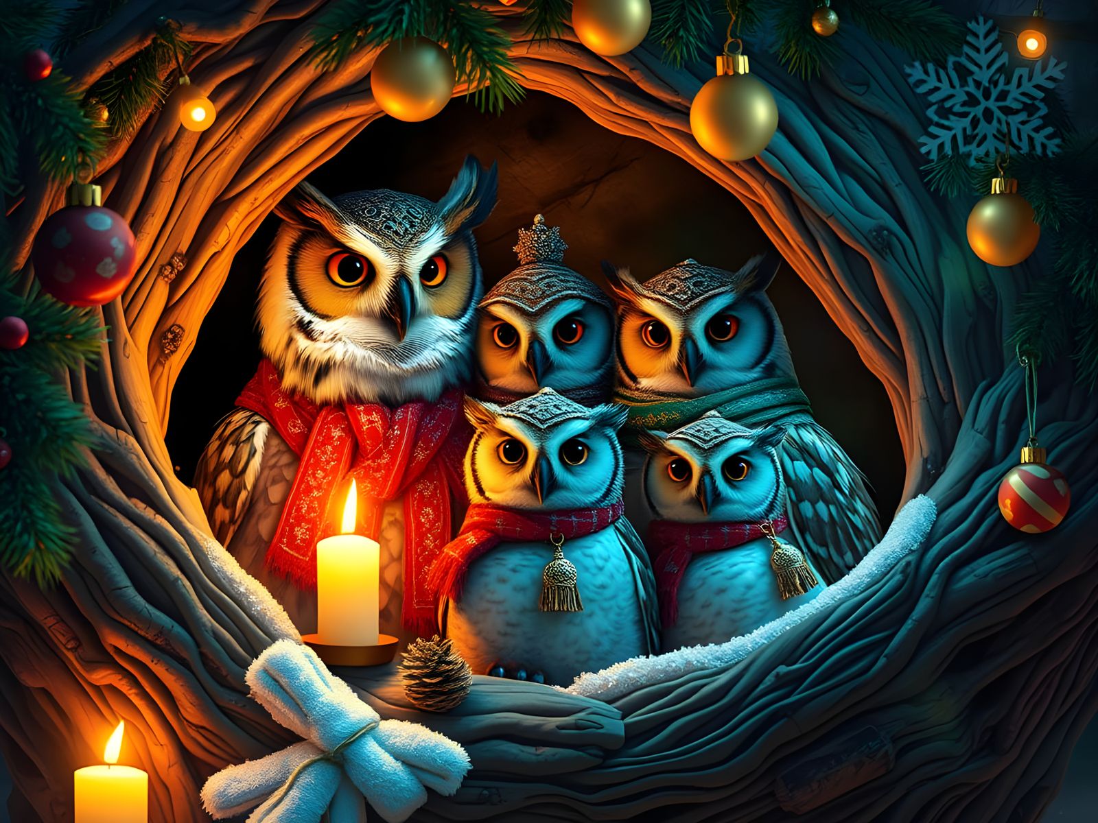 Surreal Owl Family Portrait in Festive Hollow Tree Setting