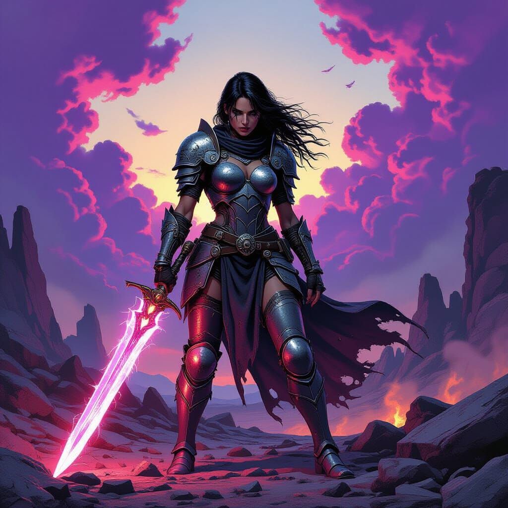 Defiant Warrior on Alien Battlefield: Heavy Metal Art