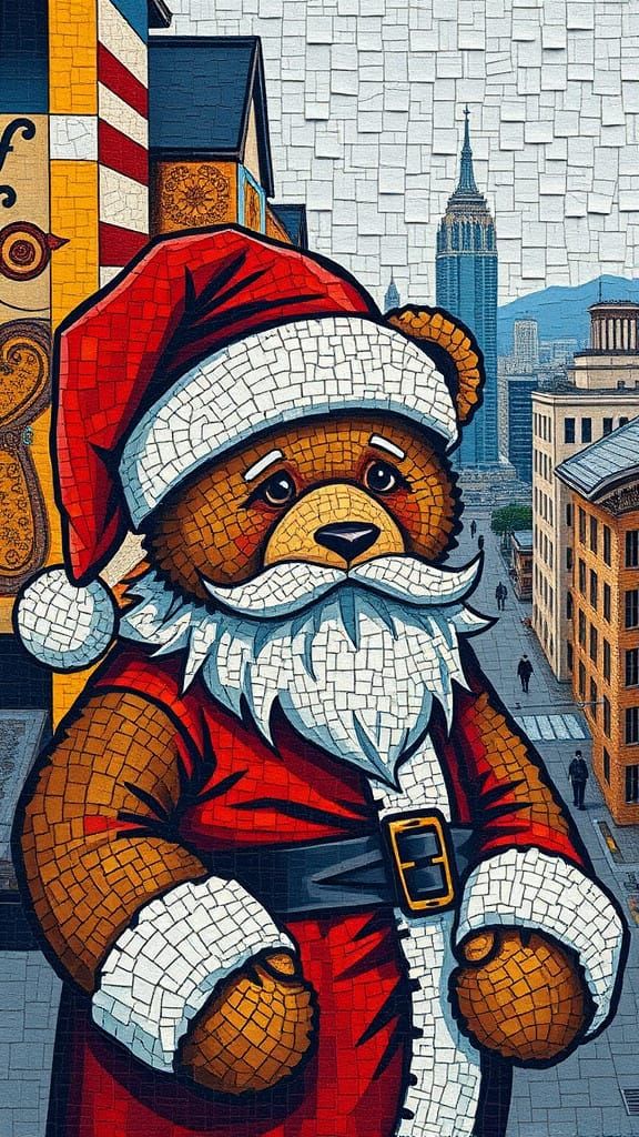 Mosaic Santa Bear Amidst Medieval Downtown