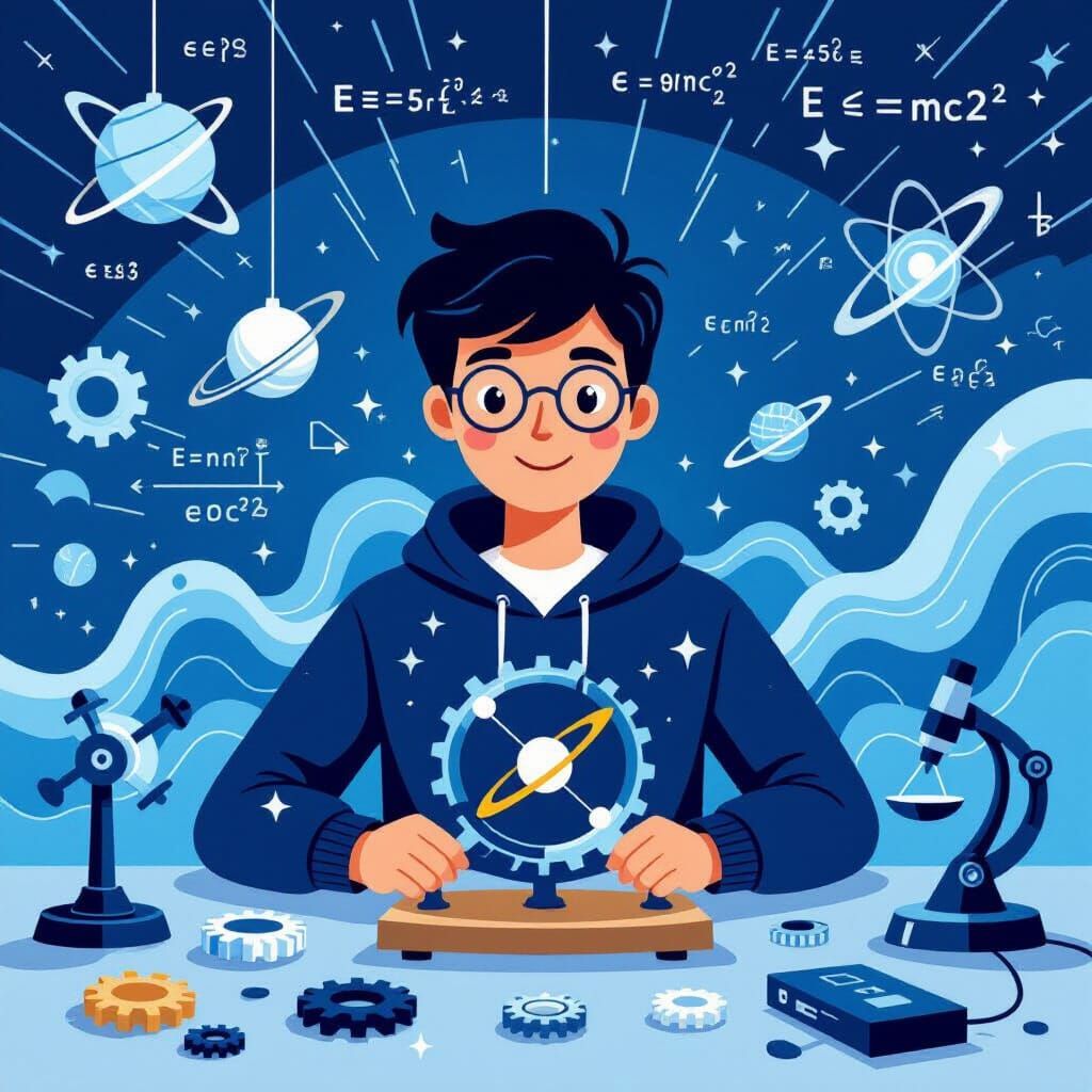 Physics Textbook Cover: Student Surrounded by Science