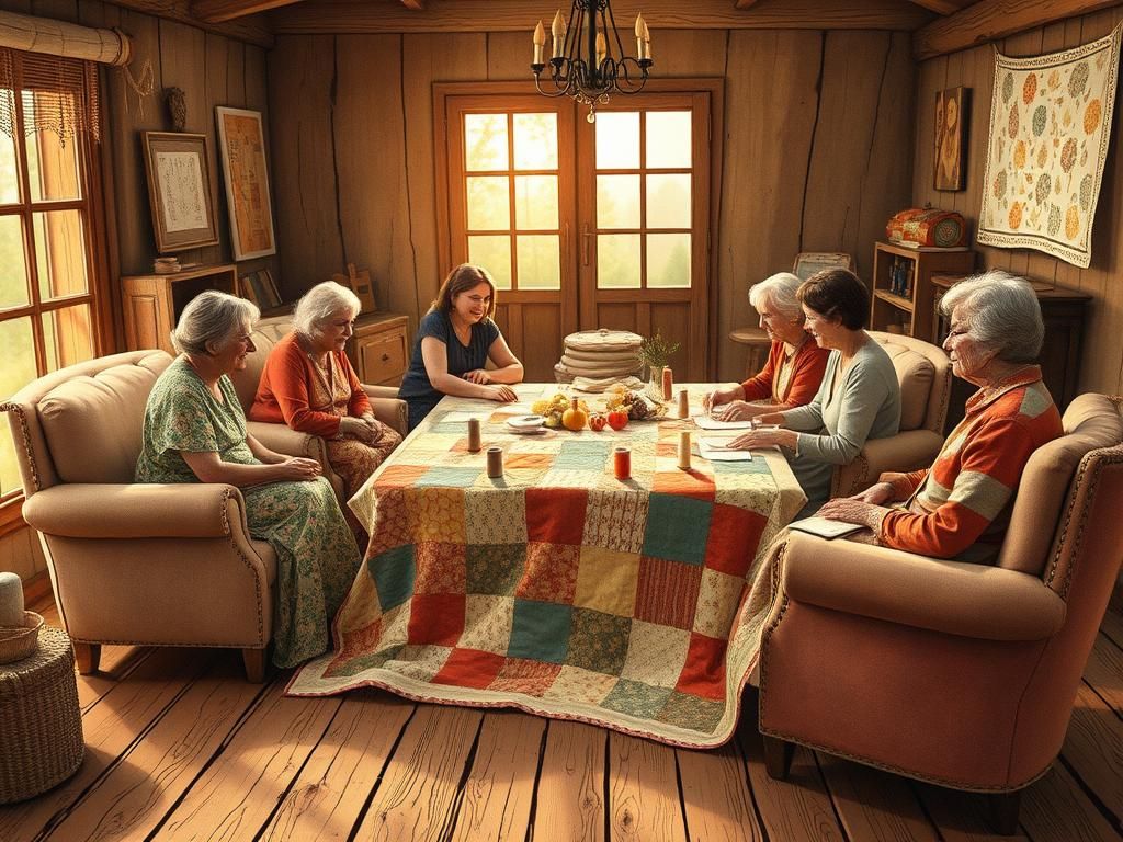 Cozy Quilting Circle in Folk Art Style