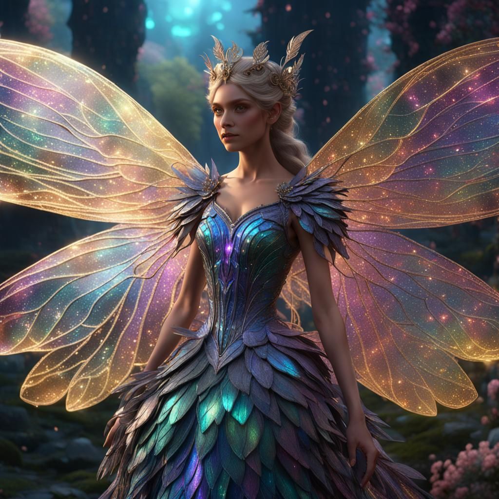 Iridescent Fairy with Filigree Wings in Detailed Digital Art