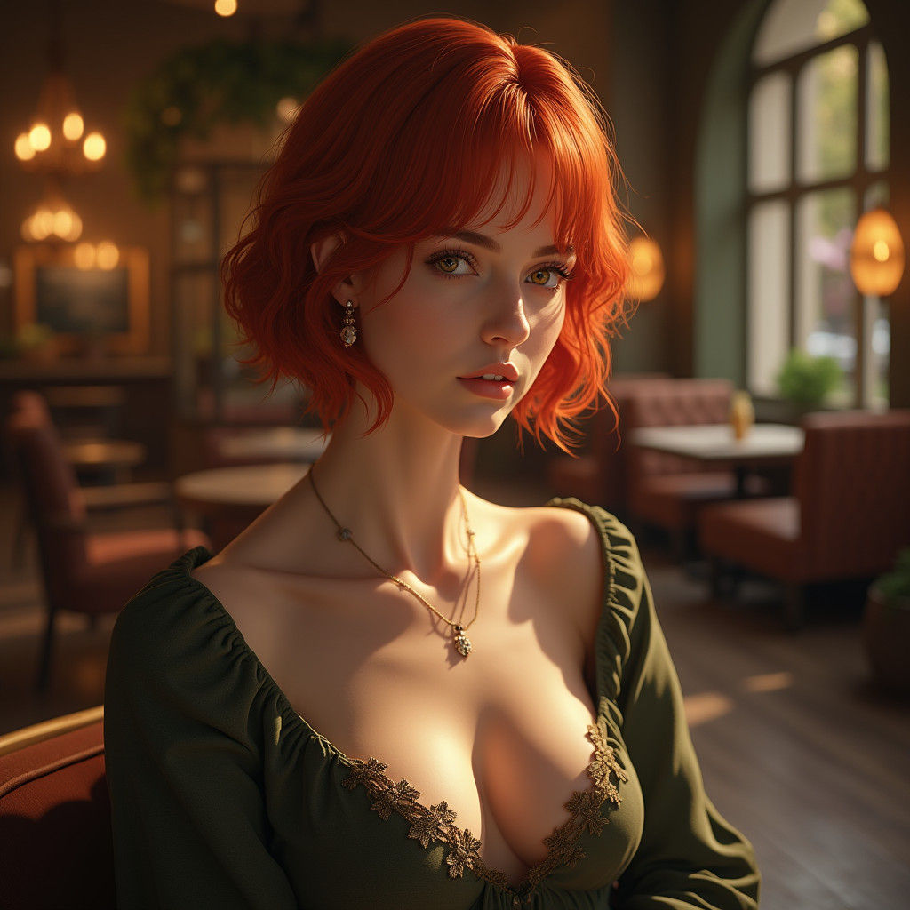 Ginger Haired Woman in Cafe, as Fantasy Art