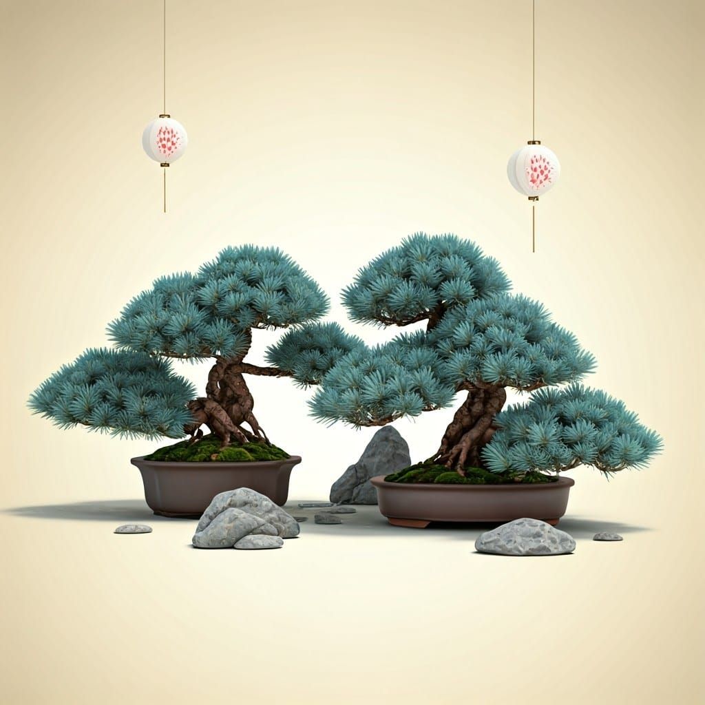 Blue Spruce Bonsai Forest in Japanese Paper Art Style