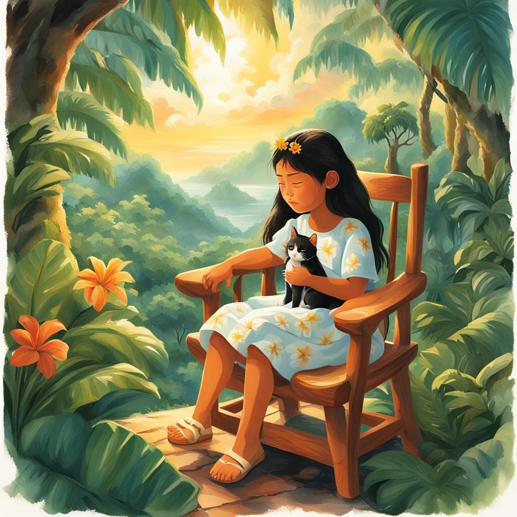 Polynesian Girl and Cat in Miyazaki Style