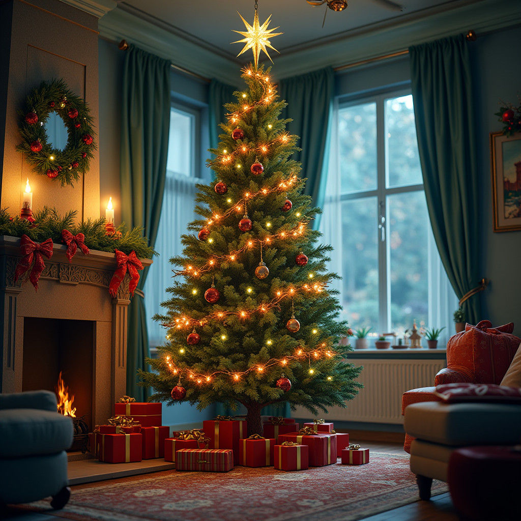 Majestic Christmas Tree with Presents, Festive Digital Art