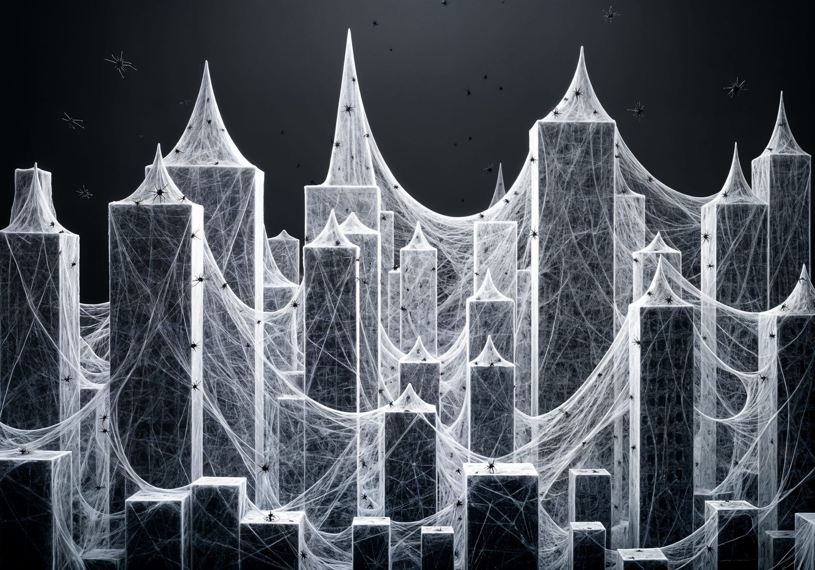 Eerie Spider Web Cityscape in Photorealistic Horror Style