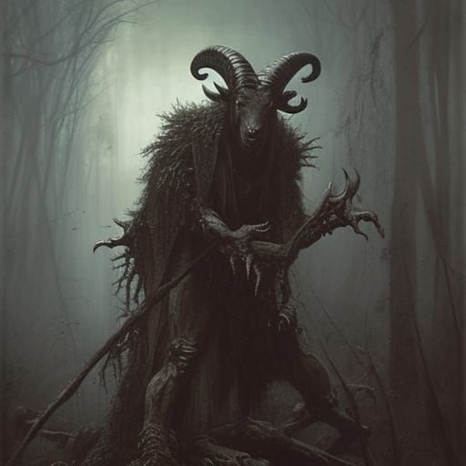 Terrifying Goat-Man Monster in Dark Forest Horror