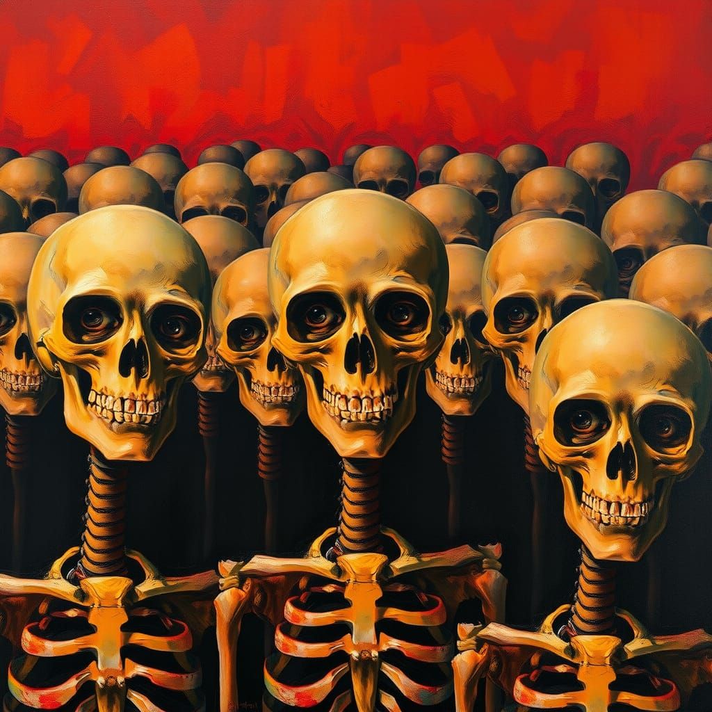 Surreal Skeletal Crowd in Precisionist Oil Painting