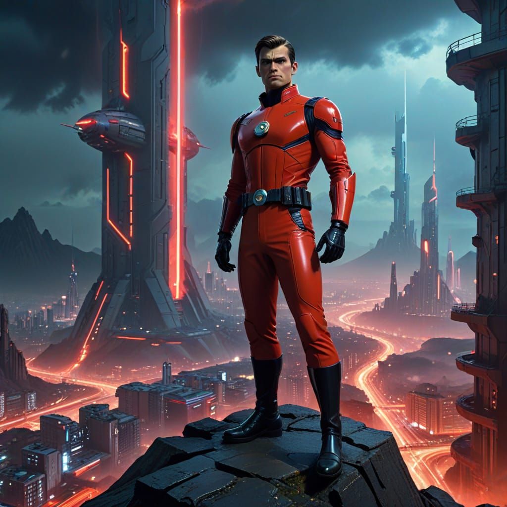 Heroic Captain Scarlet Stands Tall in Retro Futuristic Citys...