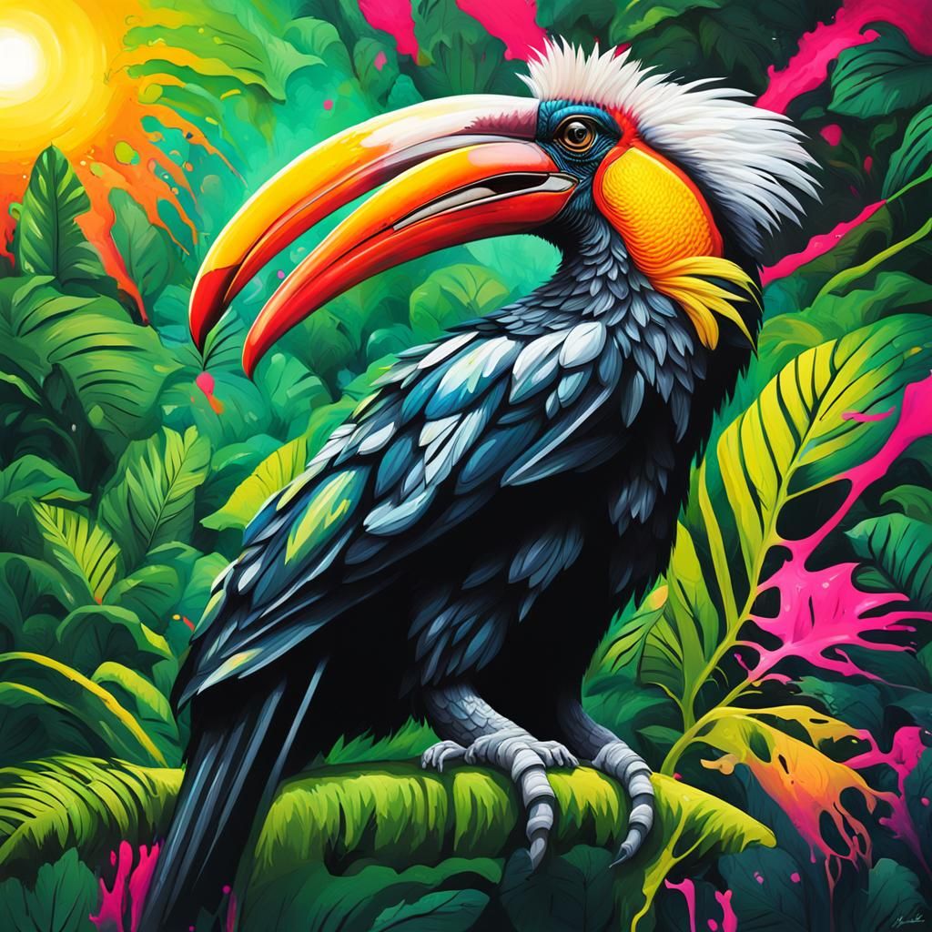 Colorful Hornbill in Tropical Forest: Graffiti Art