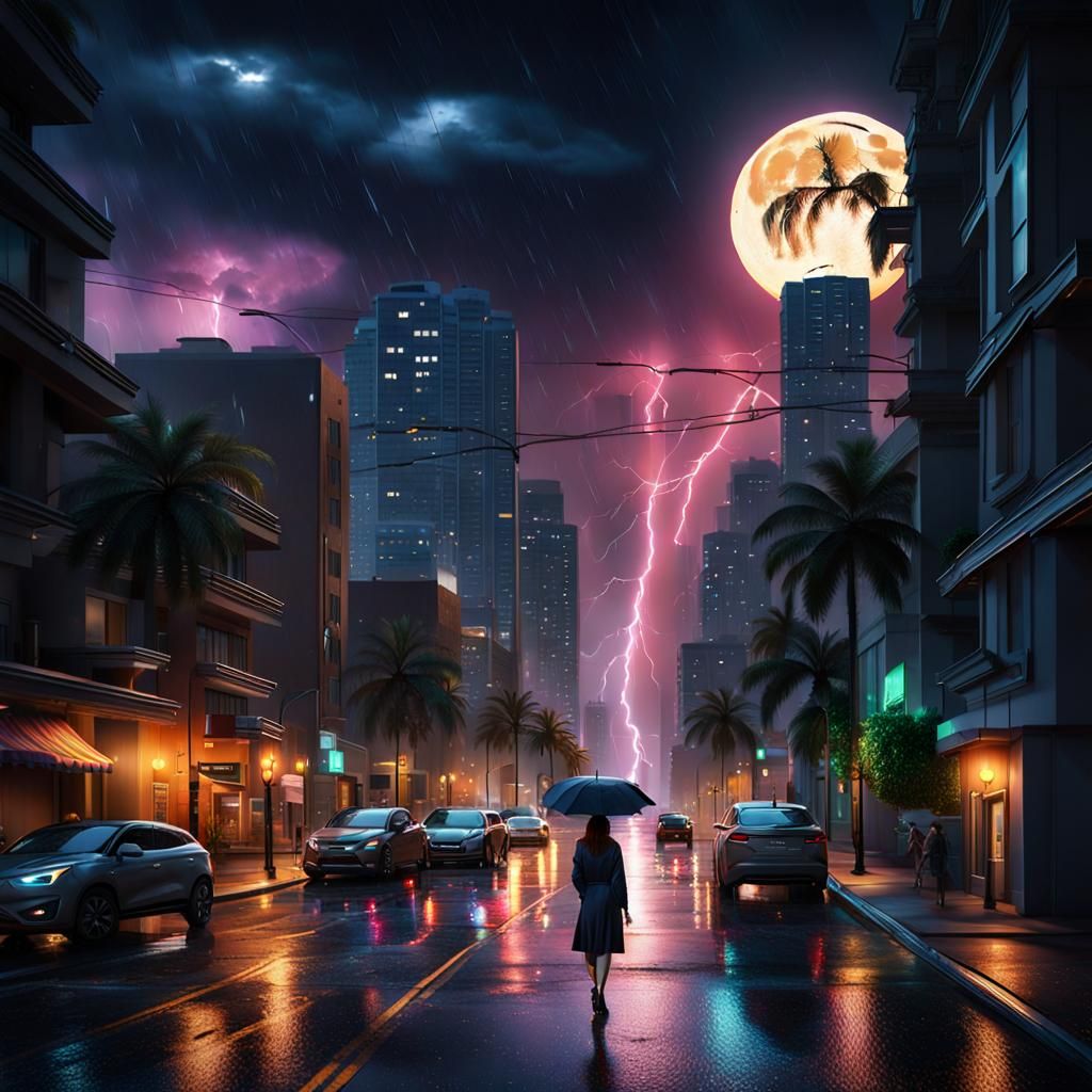 Hyperrealistic bright moon, Oceanside cityscape at moonlight vibrant DARK colorful sky with tall buildings with streetli...