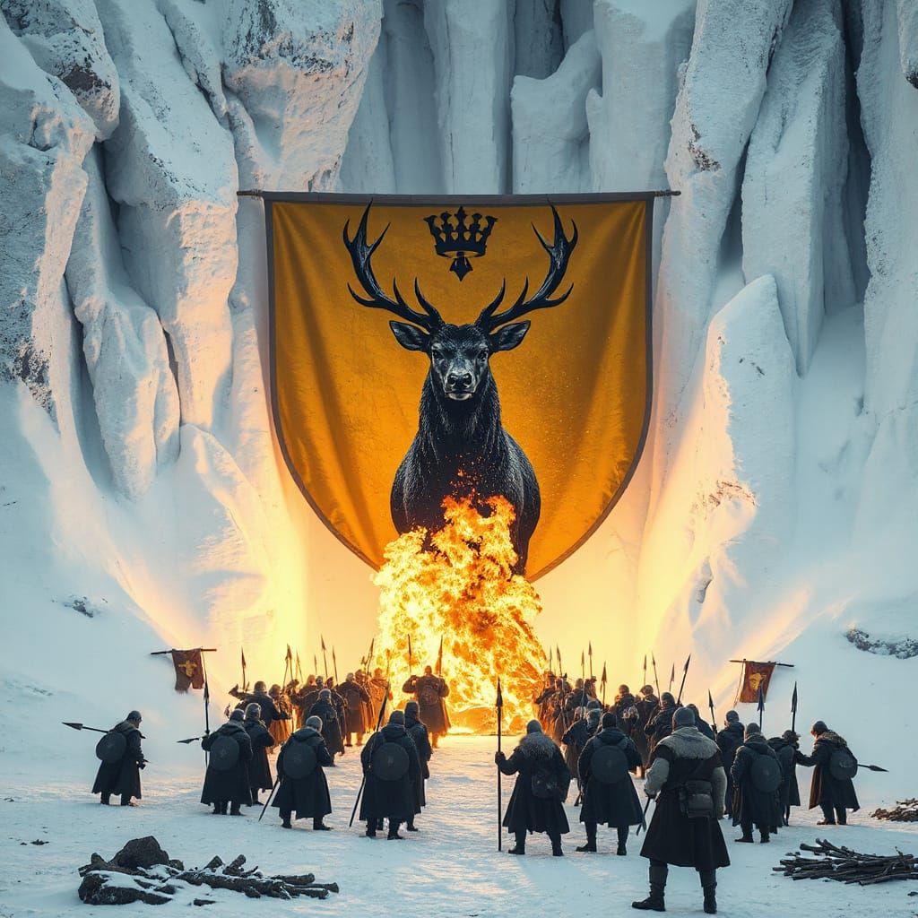 Medieval Army Gathered Under the Ice Wall in a Snowy Landsca...