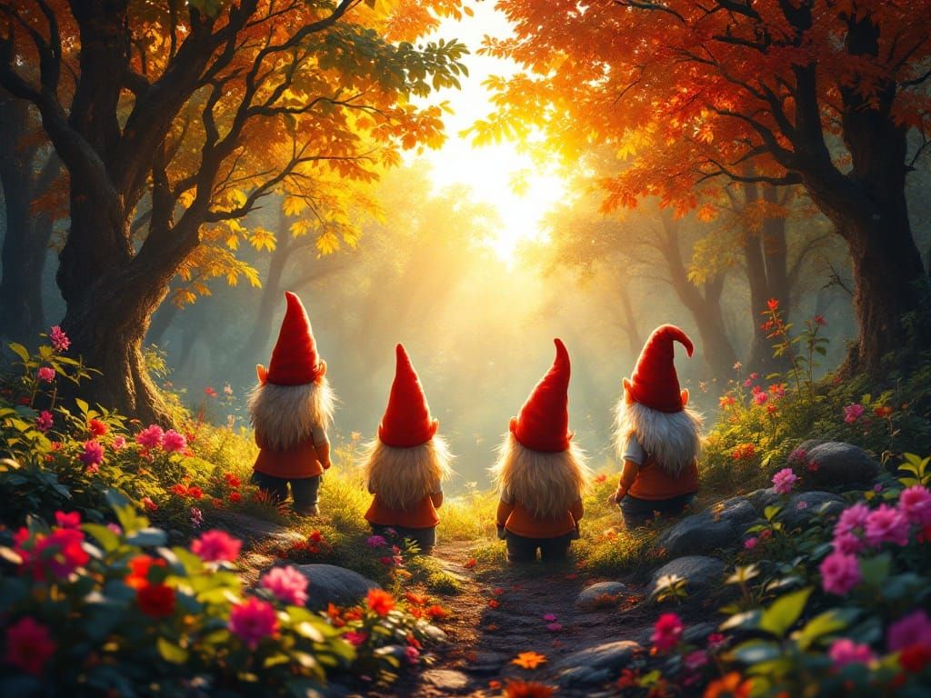 Gnomes Gaze into a Vibrant Fantasy Forest