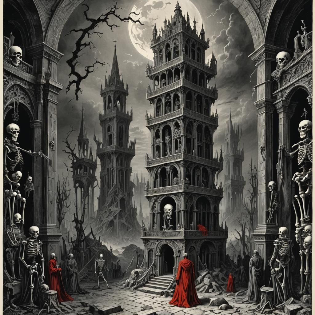 Skeleton Tower Tarot Card in Horror Style