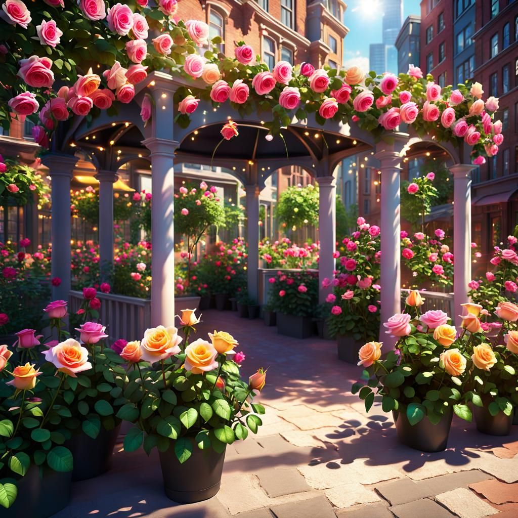 Hyperrealistic Roses in a Glowing City Garden
