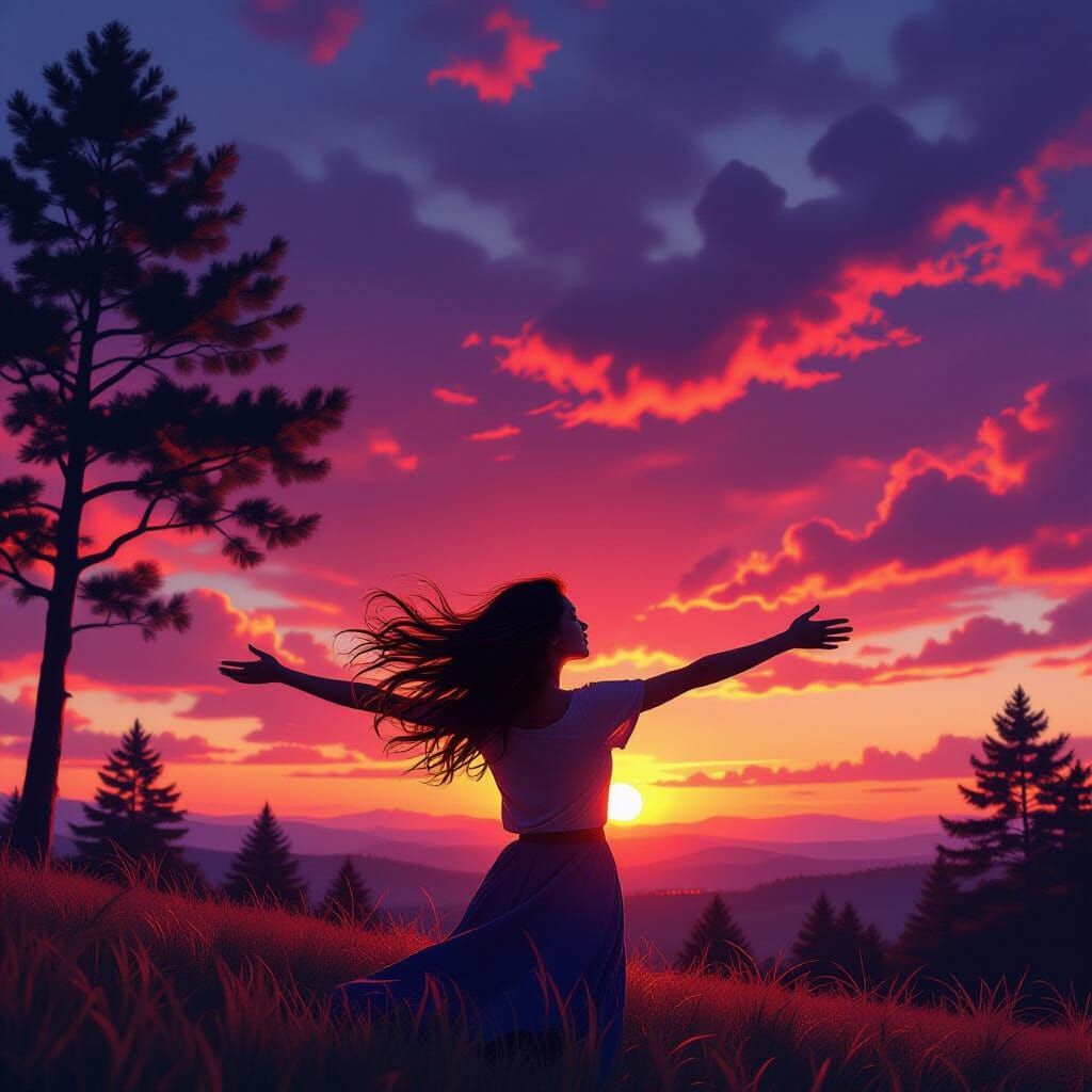 Woman Arms Spread on Windswept Hill at Sunset