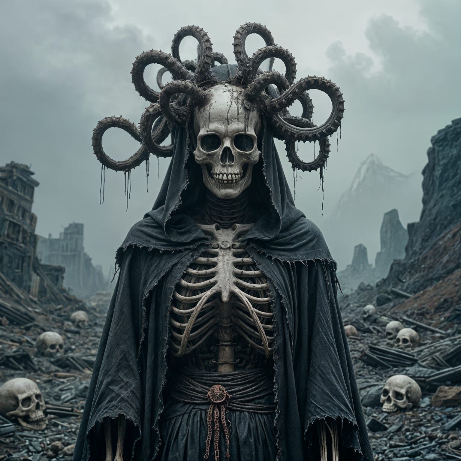Grotesque Skeleton with Tentacles in Dark Fantasy Style