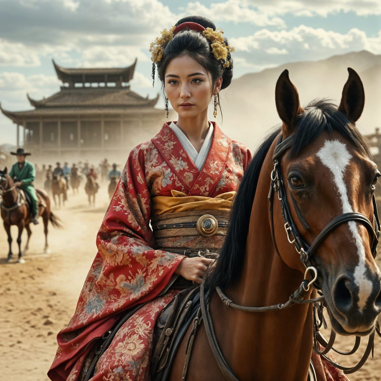 Photorealistic Geisha Rides Horse in Old West
