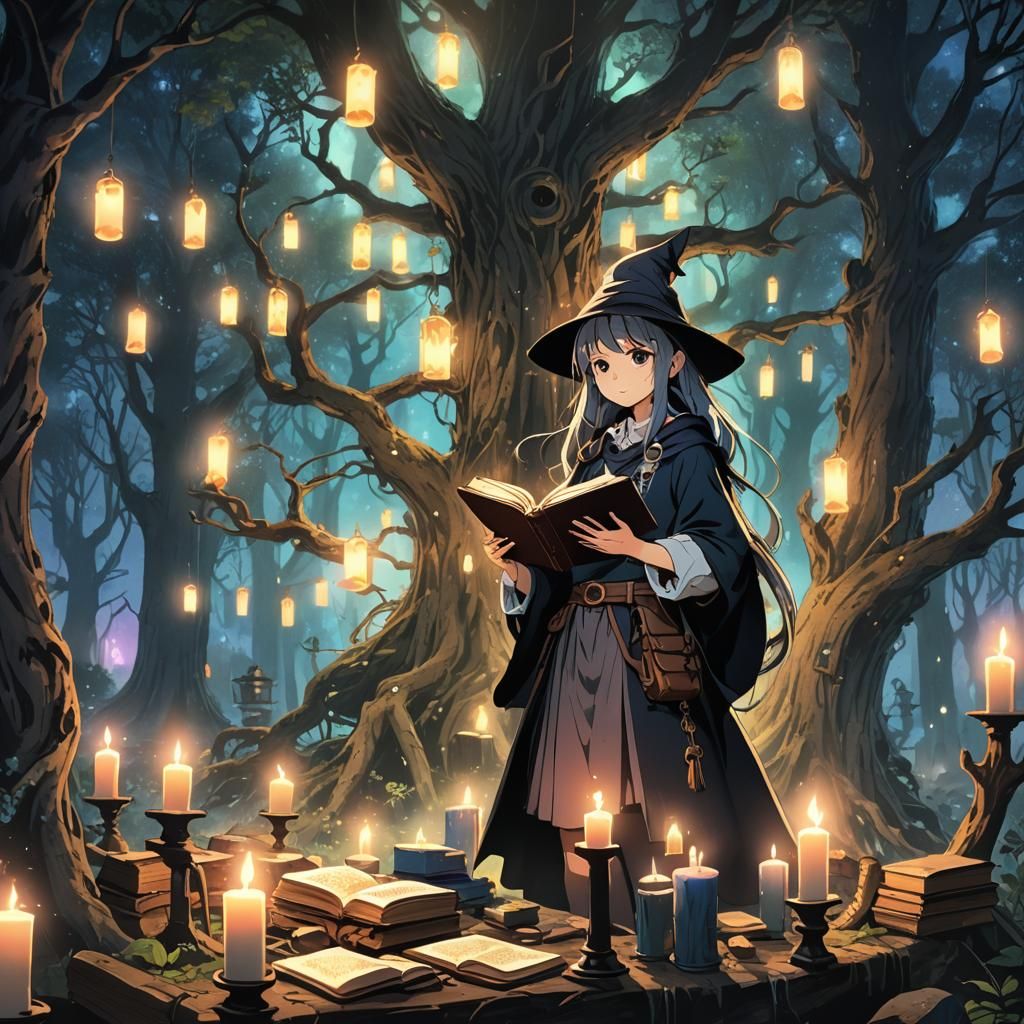 Anime Witch Apprentice in Mystical Forest