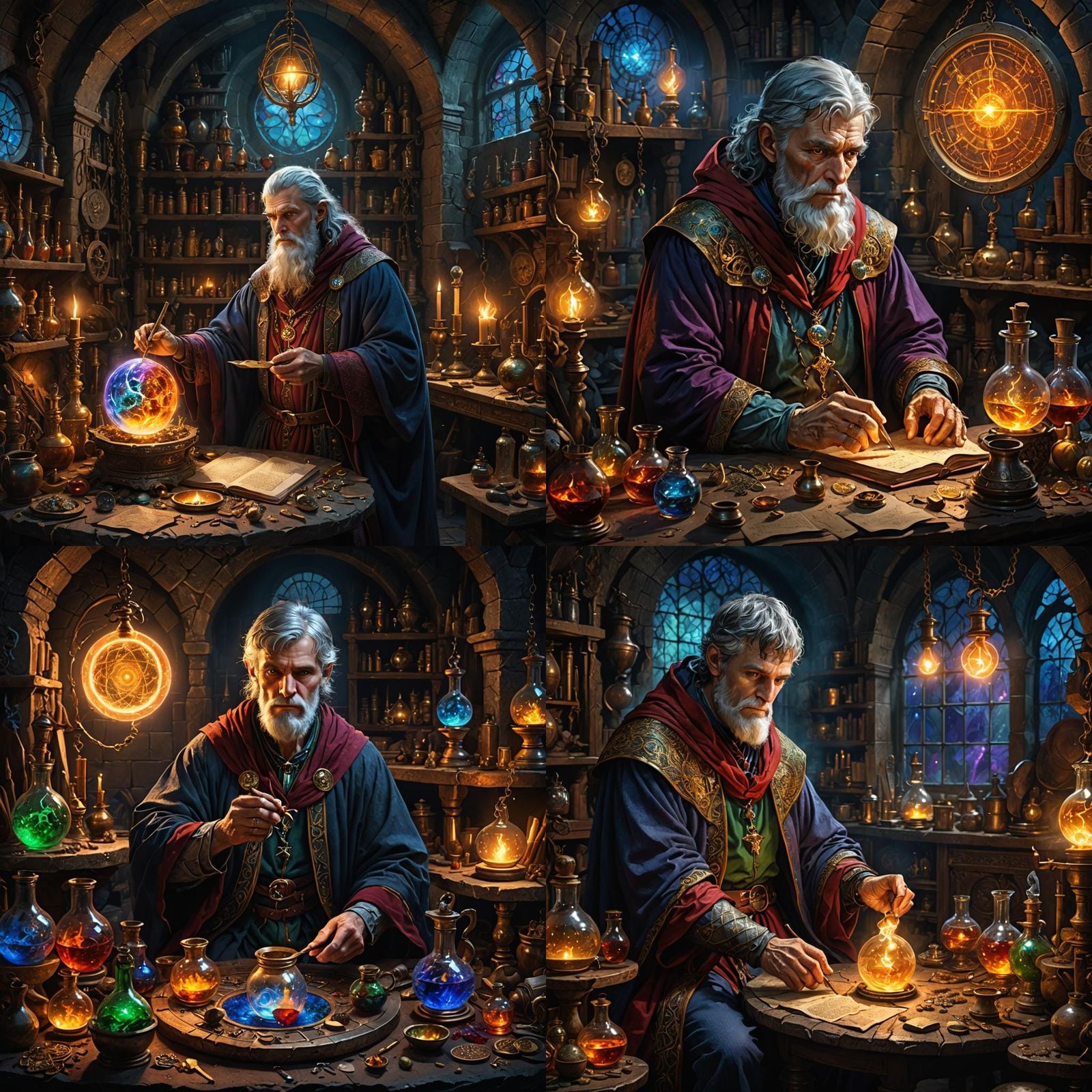 Merlin in his lair practicing alchemy, impressive, highly detailed, colorful lighting