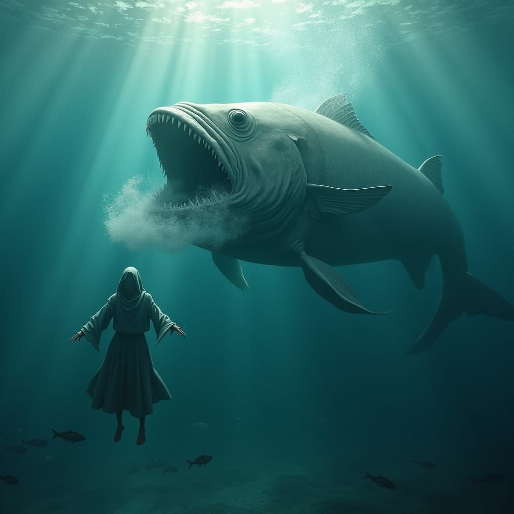 Colossal Fish Undersea Encounter in Digital Painting Style