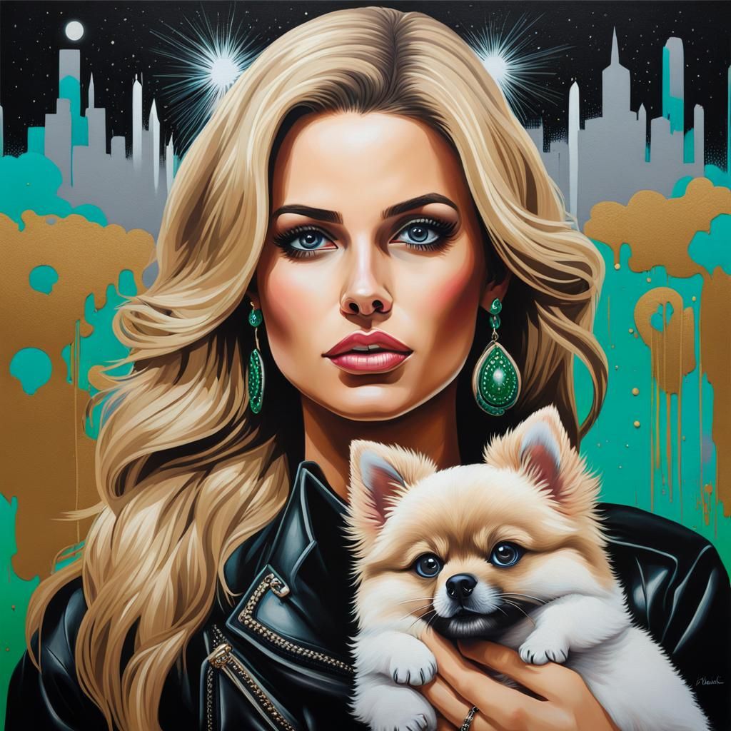 Hyperrealistic Portrait of Woman with Puppy, Graffiti Art