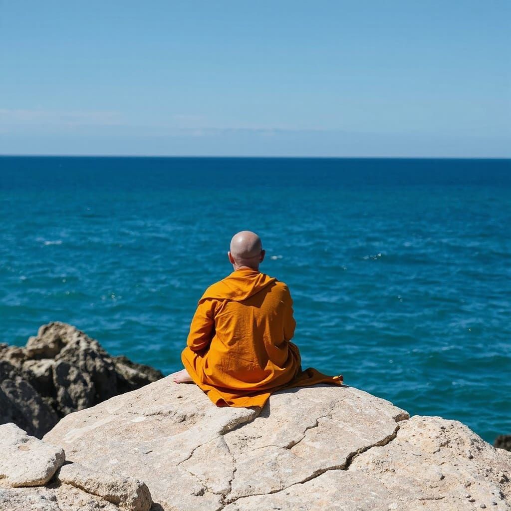 Monk Meditating by the Sea