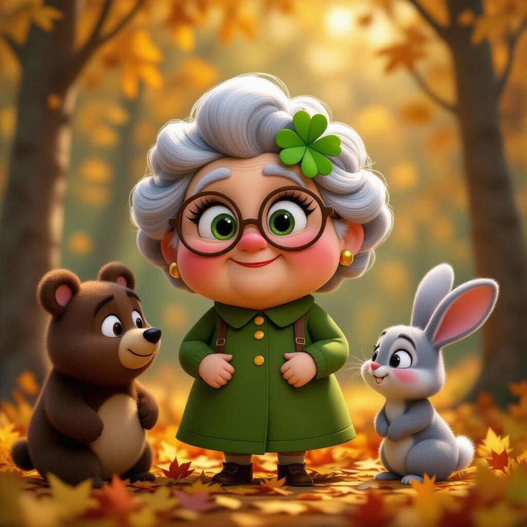 Chubby Grandma with Animals in Autumn Forest