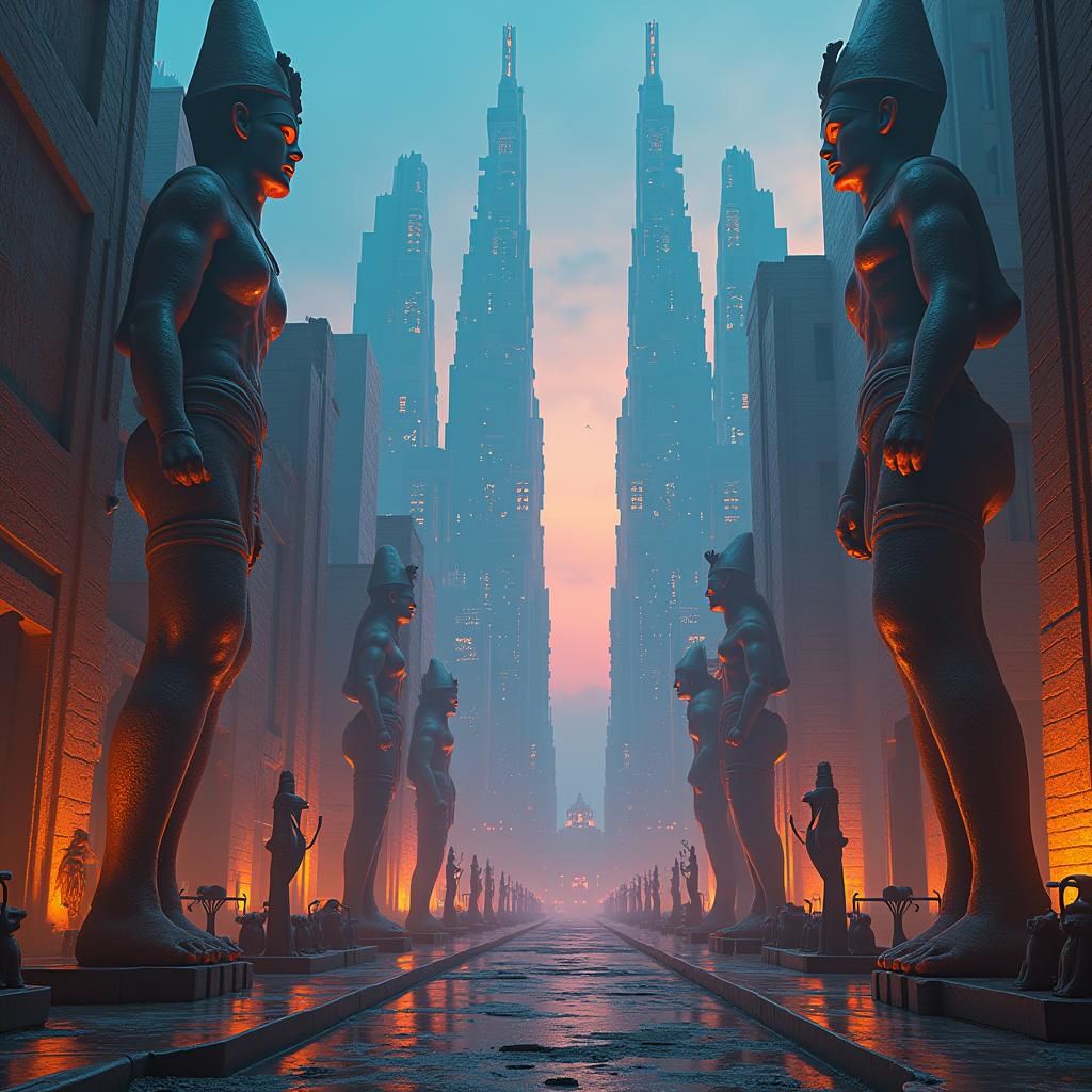 Egyptian Cyberpunk Cityscape at Dusk in Psychedelic Style