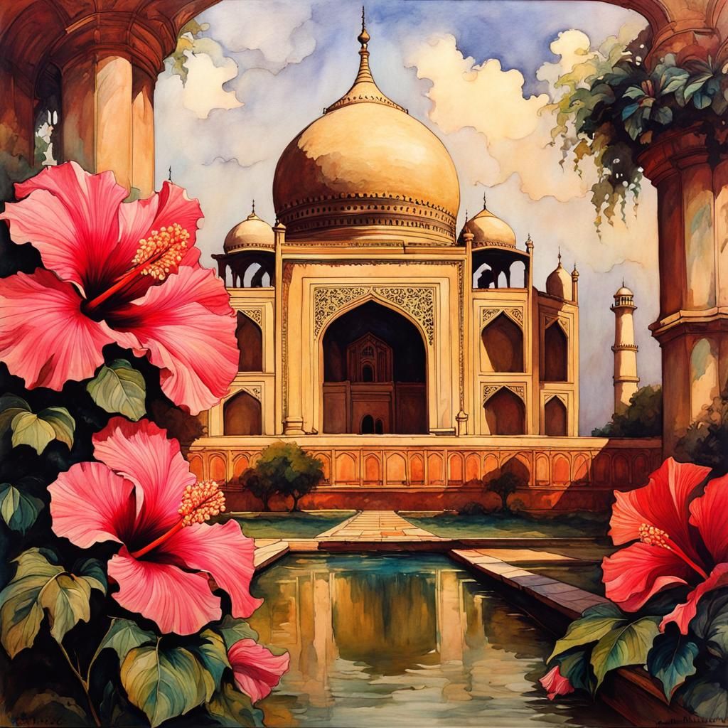 Hibiscus Pool Scene in Watercolor Style