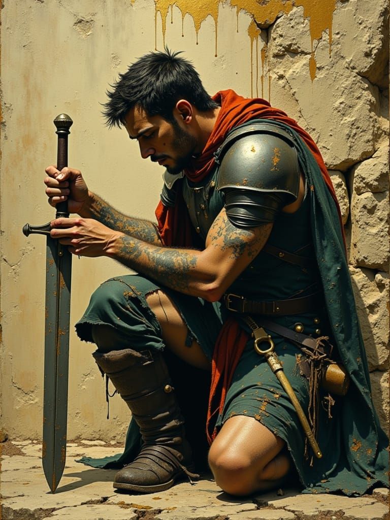 Battle weary injured male warrior kneeling, leaning on his s...
